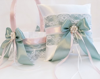 Blush and Sage Flower Girl Basket And Ring Bearer Pillow Set, Flower Girl Basket, Ring Bearer Pillow, Wedding Pillow Basket Set