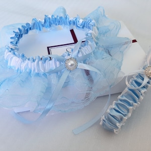 Light Blue Wedding Garter Set, Lace Bridal Garter Set, Handmade, Personalized Garter Set, Custom Garter Set with Toss