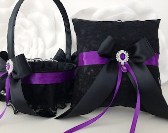 Black and Purple Wedding Decor, Flower Girl Basket and Ring Bearer Pillow Set, Wedding Ceremony Accessories, Gothic Weddings