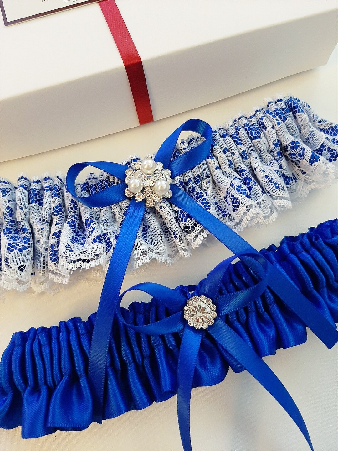 Giarrettiera Sposa Blu E Bianco - Pizzo E Fiocco - Taglia Unica 33-66cm - Regalo Matrimonio - Foto 11