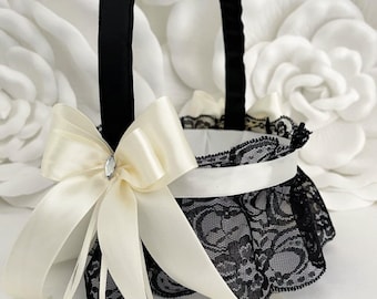 Flower Girl Basket Black and Ivory Wedding Basket for Flower Girl Proposal Gift for Bridal Shower Gothic Wedding Decor Accessories Bride