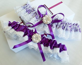 Wedding Garter Set, Wedding Garter, Purple Garter Set, Garter Belt, Bridal Garter, Bridal Garter Set, Garter For Bride, Lace Garter