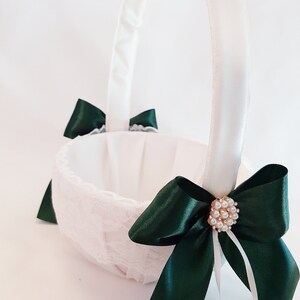 Ring Bearer Pillow, Ring Pillow, Dark Green Ivory Flower Girl Basket And Pillow Set, Ring Bearer Pillow, Wedding Ring Pillow, Ring Bearer 2 Baskets Only