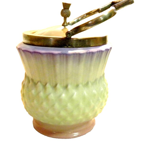 Antique Scottish Thistle Biscuit Barrel: Ceramic Cookie Jar with EPNS Lid