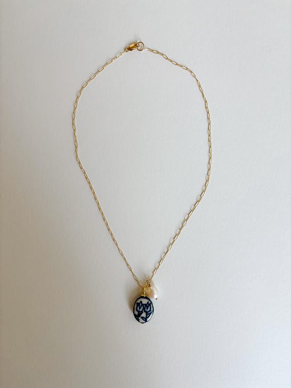 14k Gold Filled Paperclip Dainty Charm necklace with freshwater pearls and cubic zirconia charms