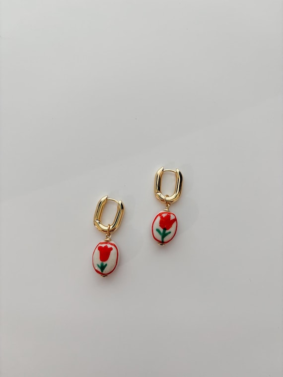 14k Rectangular Huggie Hoops with Red Tulip Ceramic Charms