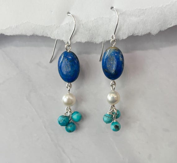 Lapis, Freshwater Pearl and Kingman Turquoise Sterling Silver Earrings