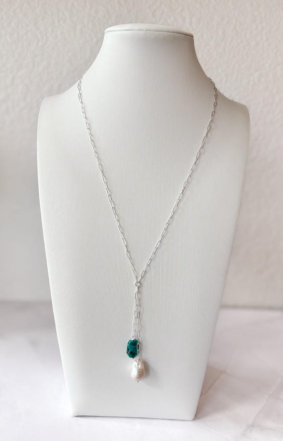 Sterling Silver Lariat Necklace with Baroque Pearl and Turquoise