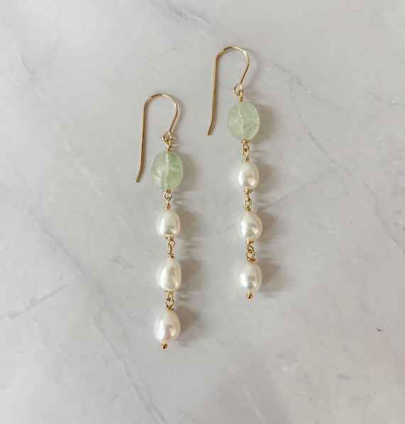 Freshwater Pearls, Prehnite and 14k gold filled drop earrings