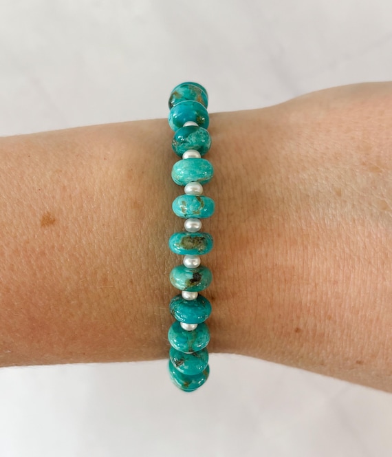 Kingman Turquoise, Freshwater Pearl and 14k Gold Filled Bracelet