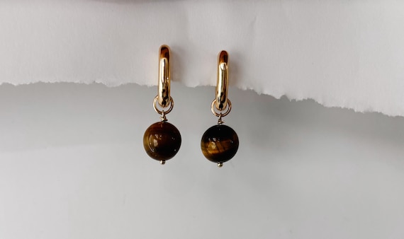 14k Rectangular Huggie Hoops with Tigers Eye Charms