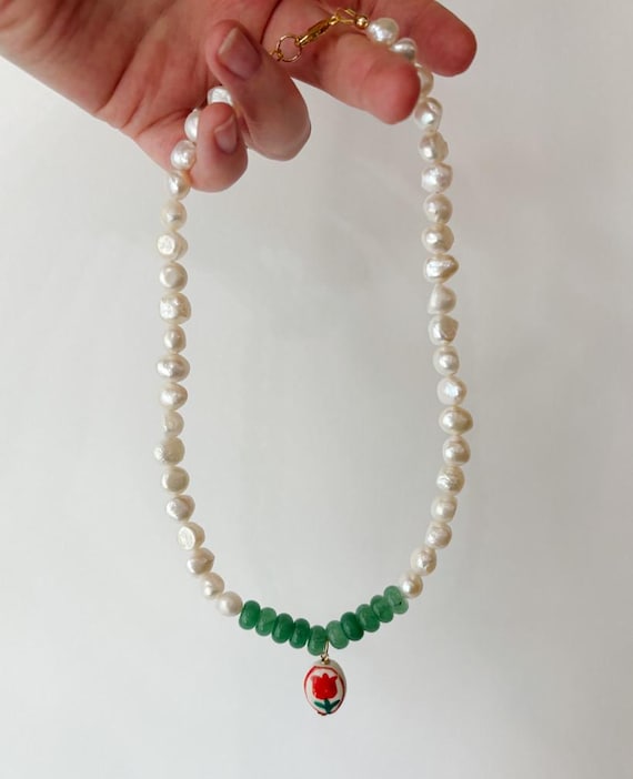 Freshwater Pearl, Green Aventurine and Floral Ceramic Charm Neckace