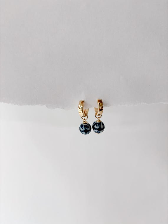 14k Huggie Hoops with Navy Blue & White Ceramic Charms