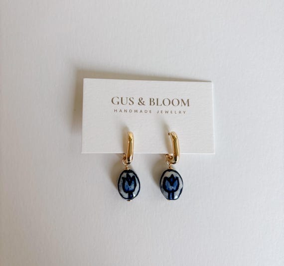 14k Rectangular Huggie Hoops with Blue Tulip Ceramic Charms