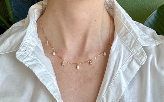 14k Gold Filled Paperclip Dainty Charm necklace with freshwater pearls and cubic zirconia charms