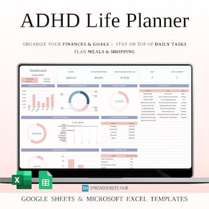 Peut inclure: Un écran d'ordinateur portable affichant un modèle de planificateur de vie pour le TDAH. L'écran montre des graphiques et des tableaux de données pour organiser les finances, les objectifs et les tâches quotidiennes. Le texte à l'écran comprend "Tableau de bord" et "Organiser vos finances et vos objectifs".