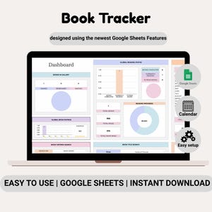 Peut inclure: Un écran d'ordinateur portable affichant un tableur "Book Tracker" conçu avec Google Sheets. Le tableau de bord montre les statistiques des livres, la progression de la lecture et les évaluations globales des livres. Le texte à l'écran comprend "Easy to Use | Google Sheets | Instant Download."