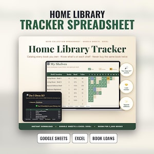 Book Collection Spreadsheet, Home Library Tracker for Google Sheets and Excel with Loans