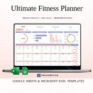 Peut inclure: Un ordinateur portable affiche un modèle de planificateur de fitness avec des graphiques. L'écran affiche le texte "Ultimate Fitness Planner" et "Track Workouts | Set Goals | Monitor Progress". Le bas de l'écran affiche le texte "GOOGLE SHEETS & MICROSOFT EXEL TEMPLATES."