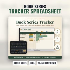 Book Series Tracker Spreadsheet, Google Sheets and Excel Reading Log with Release Countdowns