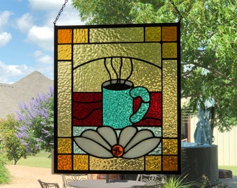 Coffee Sign, LARGE 15”X12.375”, Stained Glass Panel, Coffee Stained Glass, Kitchen Decor, Bed and Breakfast, Home Decor