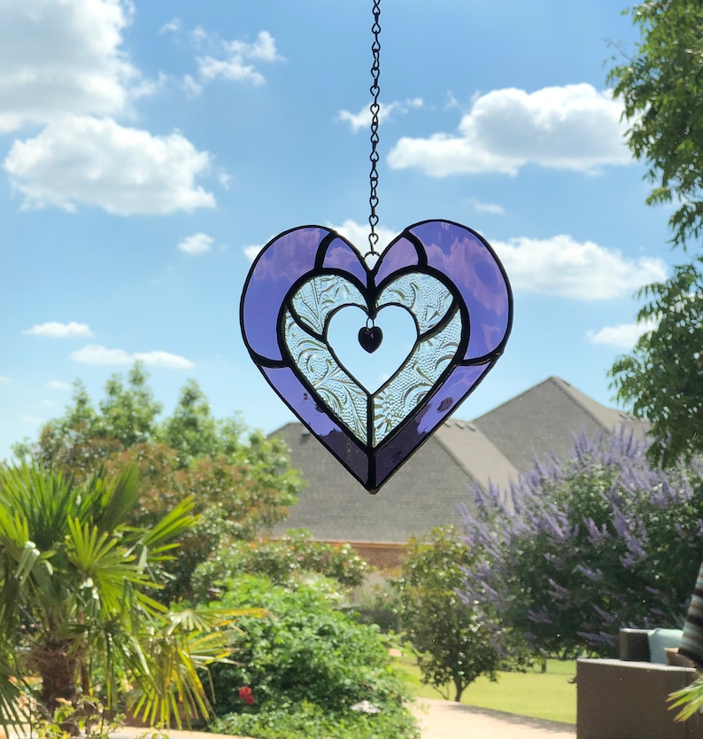 Purple Heart Stained Glass Suncatcher Swarovski Crystal Etsy
