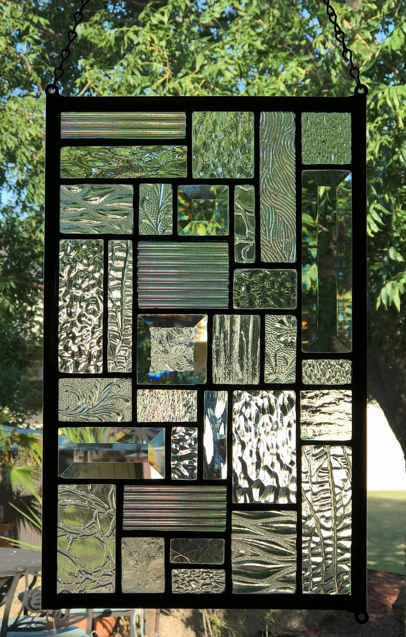 Geometric Stained Glass Panel Clear Glass Window Hanging Etsy