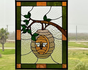 Stained Glass Beehive Panel, Honeybee Art