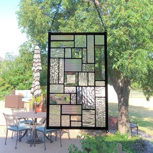 Geometric Stained Glass Window Panel, Modern Art, 8.5”x14”