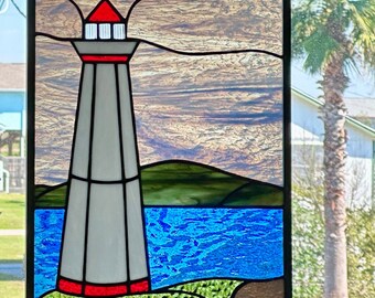 Lighthouse Stained Glass Window Panel, Coastal Art (12”x18”)