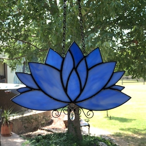 Lotus Flower LARGE Stained Glass Suncatcher, Garden, Yoga, Zen, Meditation, Feng Shui