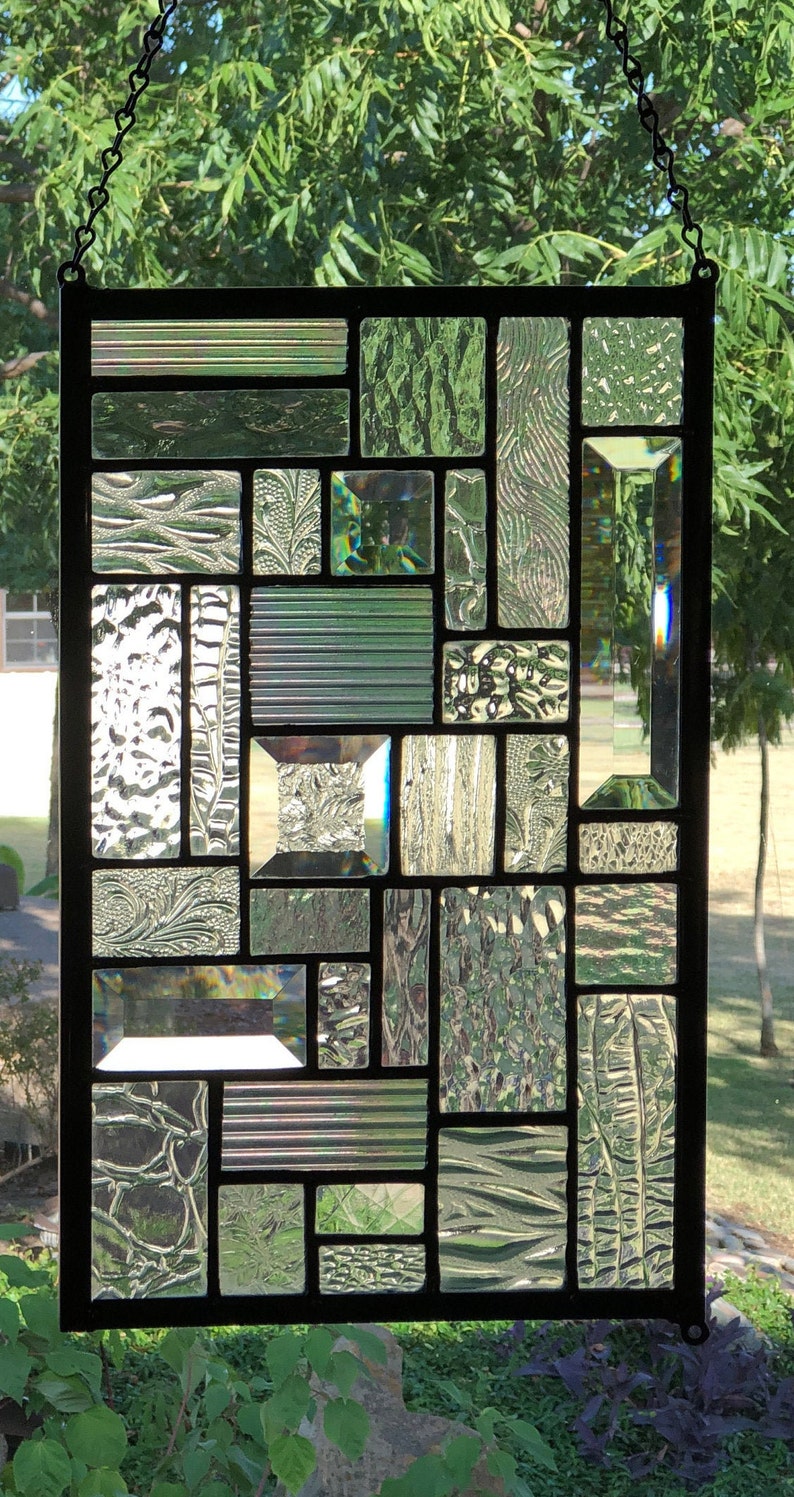 Geometric Stained Glass Panel Clear Glass Window Hanging Etsy