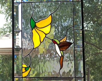 Ruby Throated Hummingbird Stained Glass Panel