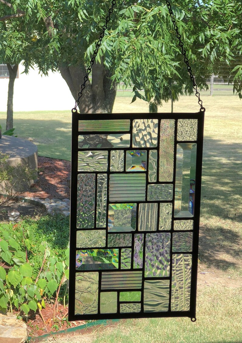 Geometric Stained Glass Panel Clear Glass Window Hanging Etsy