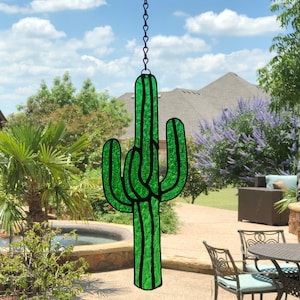 Stained Glass Saguaro Cactus Suncatcher, Southwest Decor
