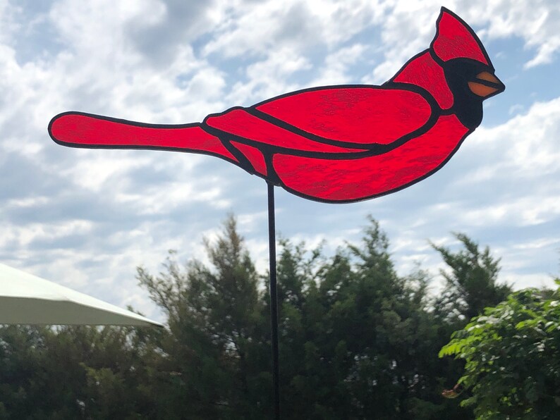 Stained Glass Cardinal Plant Stake Garden Stakes Bird Art Etsy