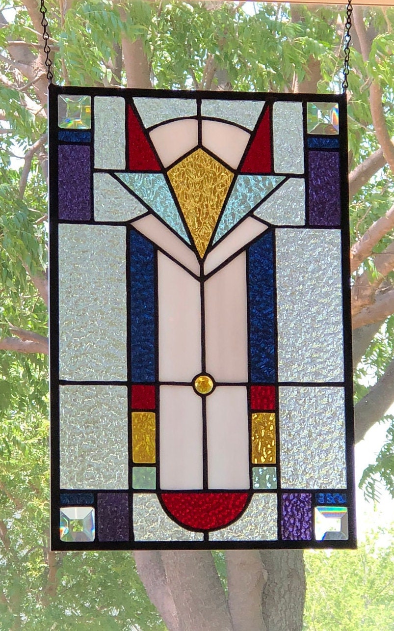 Panel de vitral Art Déco "Guerrero", GRANDE, aproximadamente 30 x 45 cm, Arte para ventana,
