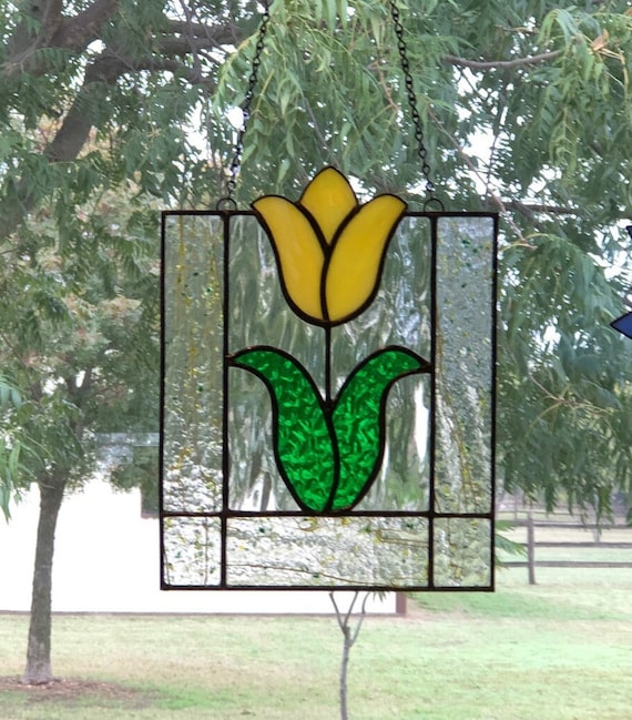 Stained Glass Yellow Tulip Window Hanging