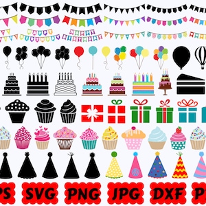 Alles Gute zum Geburtstag SVG | Geburtstag SVG | Geburtstagsschnittdateien | Geburtstag Silhouette | Clipart | Geburtstagskuchen SVG | Luftballons zwar | Wimpelkette Geburtstag