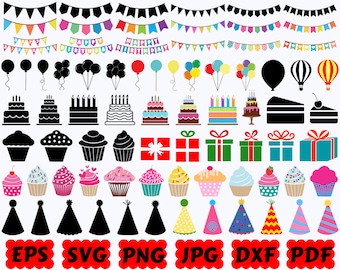 Alles Gute zum Geburtstag SVG | Geburtstag SVG | Geburtstagsschnittdateien | Geburtstag Silhouette | Clipart | Geburtstagskuchen SVG | Luftballons zwar | Wimpelkette Geburtstag