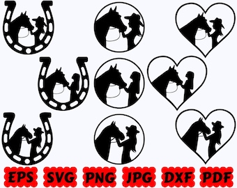 Cowgirl SVG | Mädchen küssendes Pferd SVG | Pferd Mädchen SVG | Pferd geschnitten Datei | Reiten geschnitten Datei | Schnittdateien für Cricut & Silhouette | Svg Eps Dxf Png Jpg Pdf