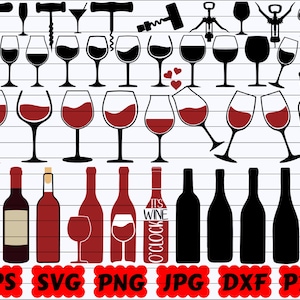 Silhouette di vino / File di taglio del vino / Clipart del vino / Bicchiere di vino SVG / Bottiglia di vino SVG / Cavatappi SVG / Silhouette di bere / Silhouette di alcol