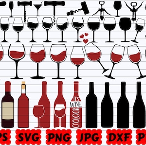 Wine Silhouette | Wine Cut File | Wine Clipart | Wine Glass SVG | Wine Bottle SVG | Corkscrew SVG | Drinking Silhouette | Alcohol Silhouette