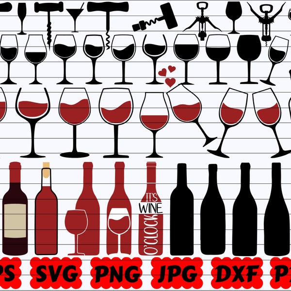 Wine Silhouette | Wine Cut File | Wine Clipart | Wine Glass SVG | Wine Bottle SVG | Corkscrew SVG | Drinking Silhouette | Alcohol Silhouette