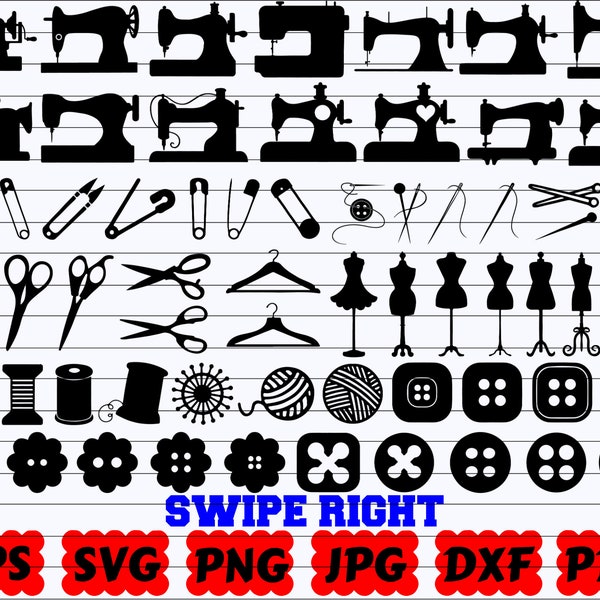 Silueta de costura / Costura SVG Archivos de corte / Máquina de coser SVG / Costurera SVG / Sastre Svg / Hilo Svg / Elaboración Svg / Tijeras Svg / Png