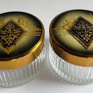 Vintage Art Deco glass powder jars with a metal lid (Set of 2)