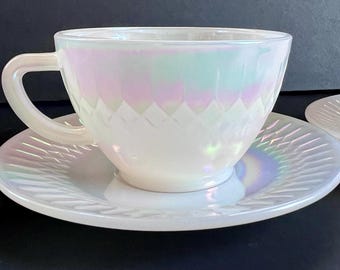 Federal Glass Moonglow Diamond Point Iridescent Coffee/Tea Cup and Saucer Set of 2