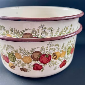 May include: Two white enamelware bowls stacked on top of each other. The bowls have a brown rim and are decorated with a colorful pattern of vegetables and herbs, including tomatoes, mushrooms, and onions.