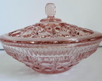 Vintage Indiana Depression Glass Pink/Peach Windsor Covered Candy Dish