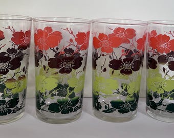 Vintage 1950s Floral Pattern Glass Tumblers set of 4